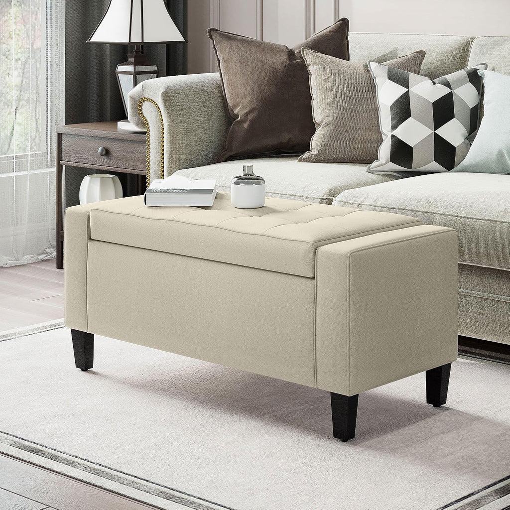 Contemporary Linen Tufted Storage Ottoman Bench Lift Top Beige Trendy Design Premium Fabric Durable Structure Spacious Storage