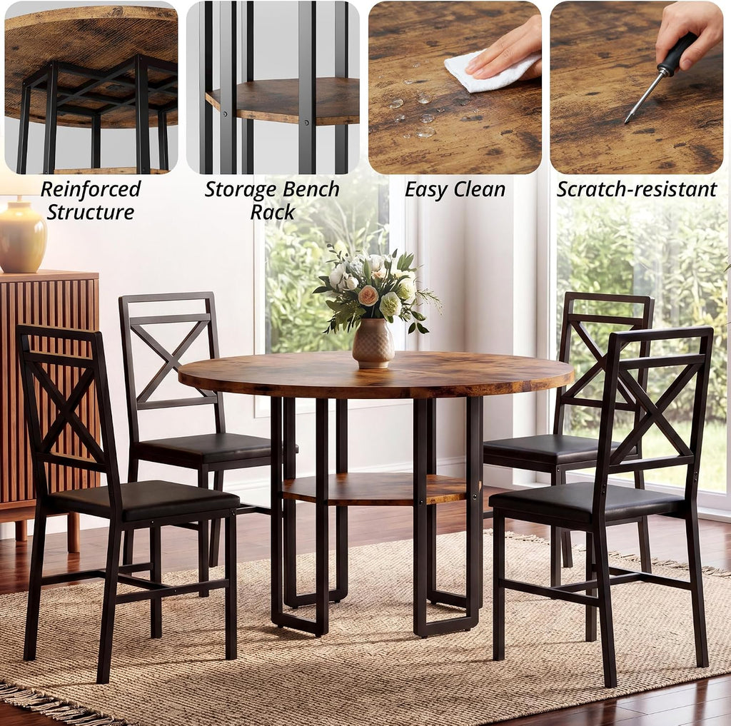 IRONCK Dining Table Set for 4, Round Dining Table and Chairs, Kitchen Table and Chairs for 4, 47 inch Cirecle Dining Room Table with 4 Chairs for Small Space