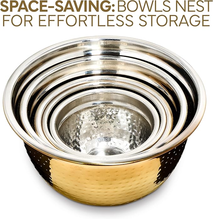 COOK WITH COLOR 18 Piece Mixing Bowls Set with Airtight Lids, Stainless Steel Bowl Organizers, Food Storage Containers, Meal Prep, Nesting Salad Bowls For Cooking, Baking, Kitchen, Gold - Hammered