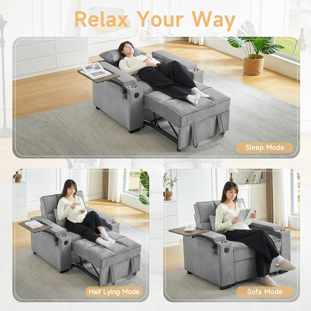 hansones Oversized Recliner Chair for Living Room, Accent Chair with Adjustable Backrest, Deep Seat Reading Chair with Storage, Cup Holders and 360° Swivel Side Table (Light Gray Armchair)