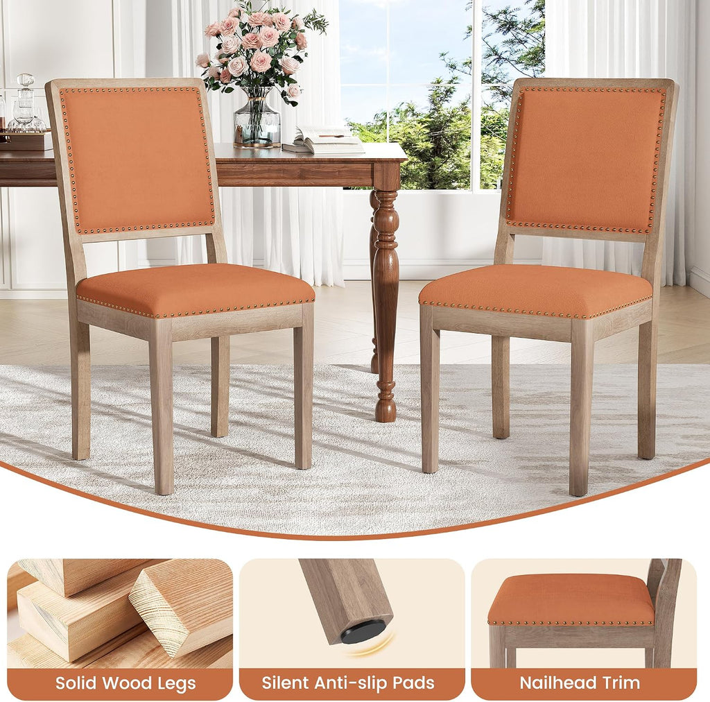 Dining Chairs Set of 2, Mid Century Modern Upholstered Dining Room Chairs, Fabric High Back Kitchen Chairs with Nailhead Trim and Wood Legs for Living Room Kitchen Restaurant, Orange