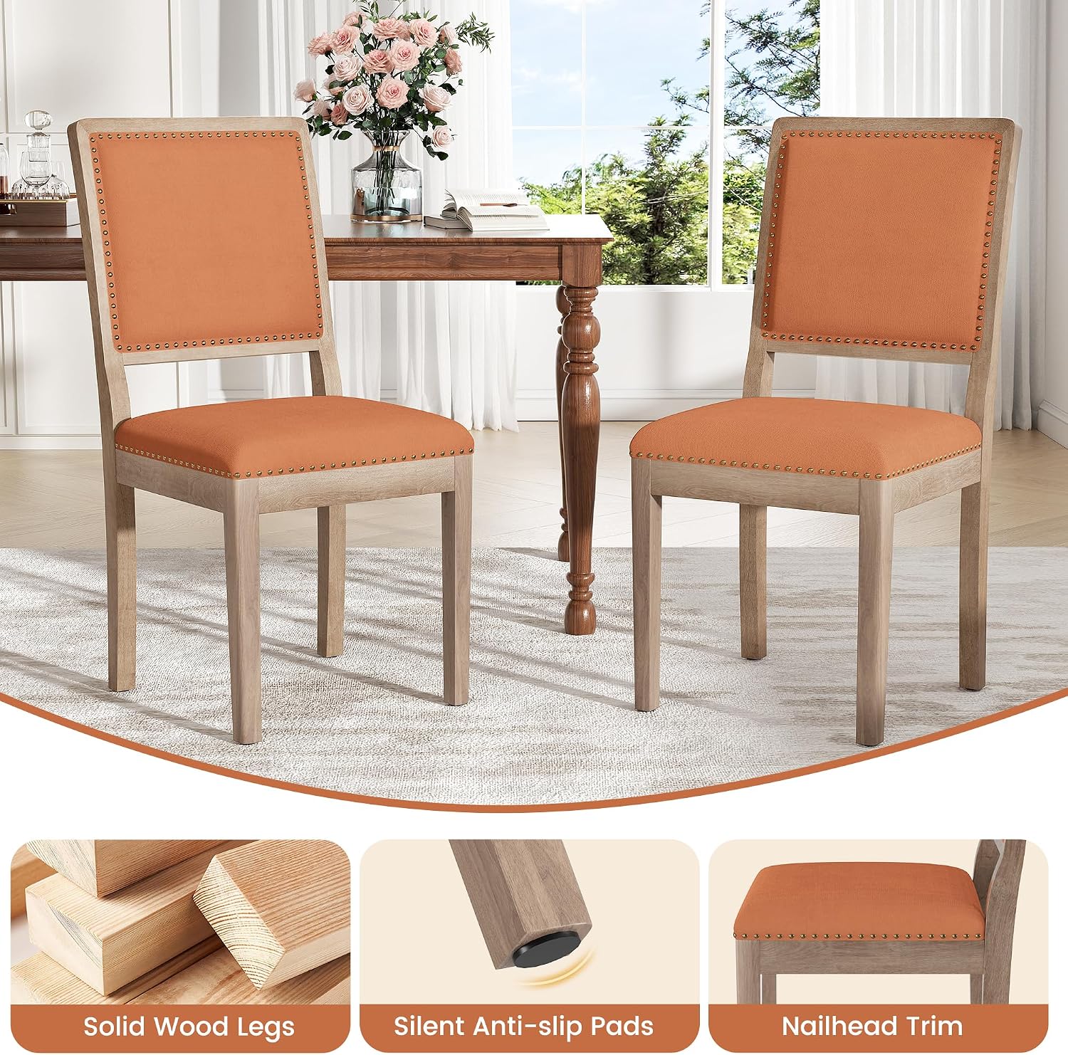 Dining Chairs Set of 2, Mid Century Modern Upholstered Dining Room Chairs, Fabric High Back Kitchen Chairs with Nailhead Trim and Wood Legs for Living Room Kitchen Restaurant, Orange