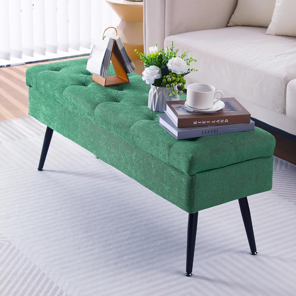 Storage Ottoman Long Upholstered Entryway Bench, 43.5" Fabric Green | Large Flip-Top Entry Shoe Bench Dining Seat for Living Room Bedroom End of Bed Couch, Support 660lbs, Faux Leather