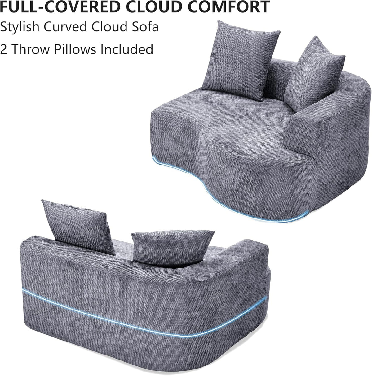 L Shaped Single Sofa, Modern Comfy Chenille Fabric Loveseat Couch, No Assembly Required Small Couch with Deep Seat, 2 Pillows for Living Room, Apartment, Bedroom