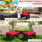 RELAX4LIFE 2-Piece Wicker Outdoor Ottoman, Rattan Footrest Set of 2 with Removable Cushions, 3-in-1 Foot Stool, Side Table & Additional Seating, Outdoor Footstools for Patio Backyard (Red)