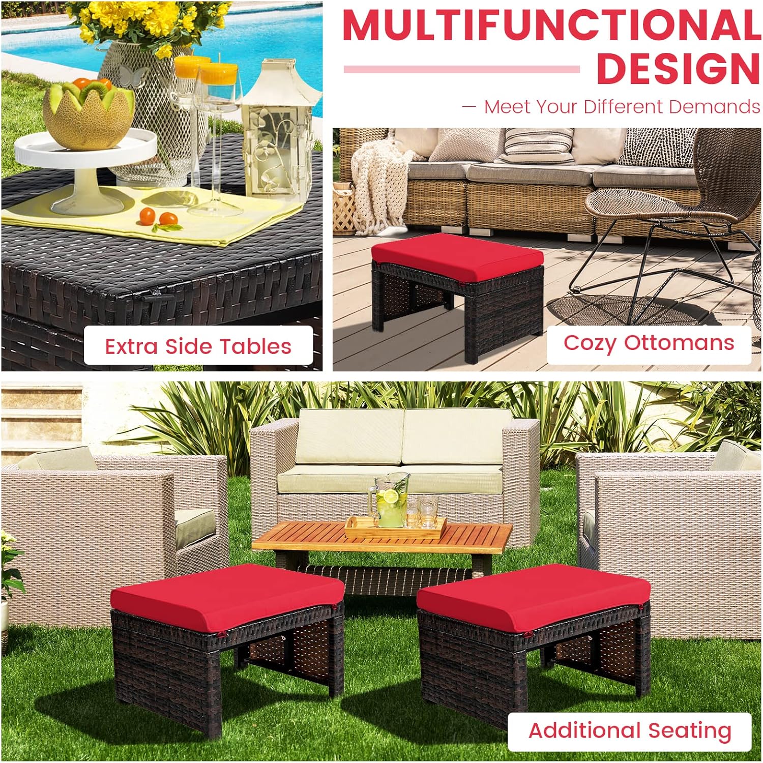 RELAX4LIFE 2-Piece Wicker Outdoor Ottoman, Rattan Footrest Set of 2 with Removable Cushions, 3-in-1 Foot Stool, Side Table & Additional Seating, Outdoor Footstools for Patio Backyard (Red)