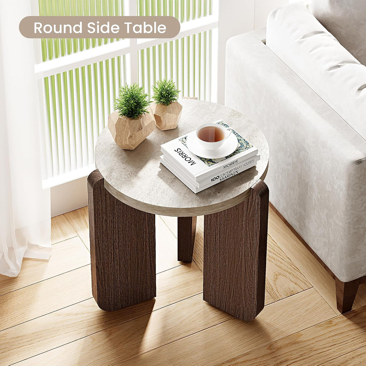 SUNBURY Side Table, Small Round End Table with 3 Legs, Nightstand for Small Spaces, Accent Table with Faux Marble Tabletopn for Living Room, Bedroom