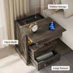 Nightstand Set 2 with Gun Drawer, Farmhouse Night Stand with LED Lights and Human Sensor, Bedside Table with Open Shelf, End Table with Storage Drawers for Bedroom, Rustic Borwn