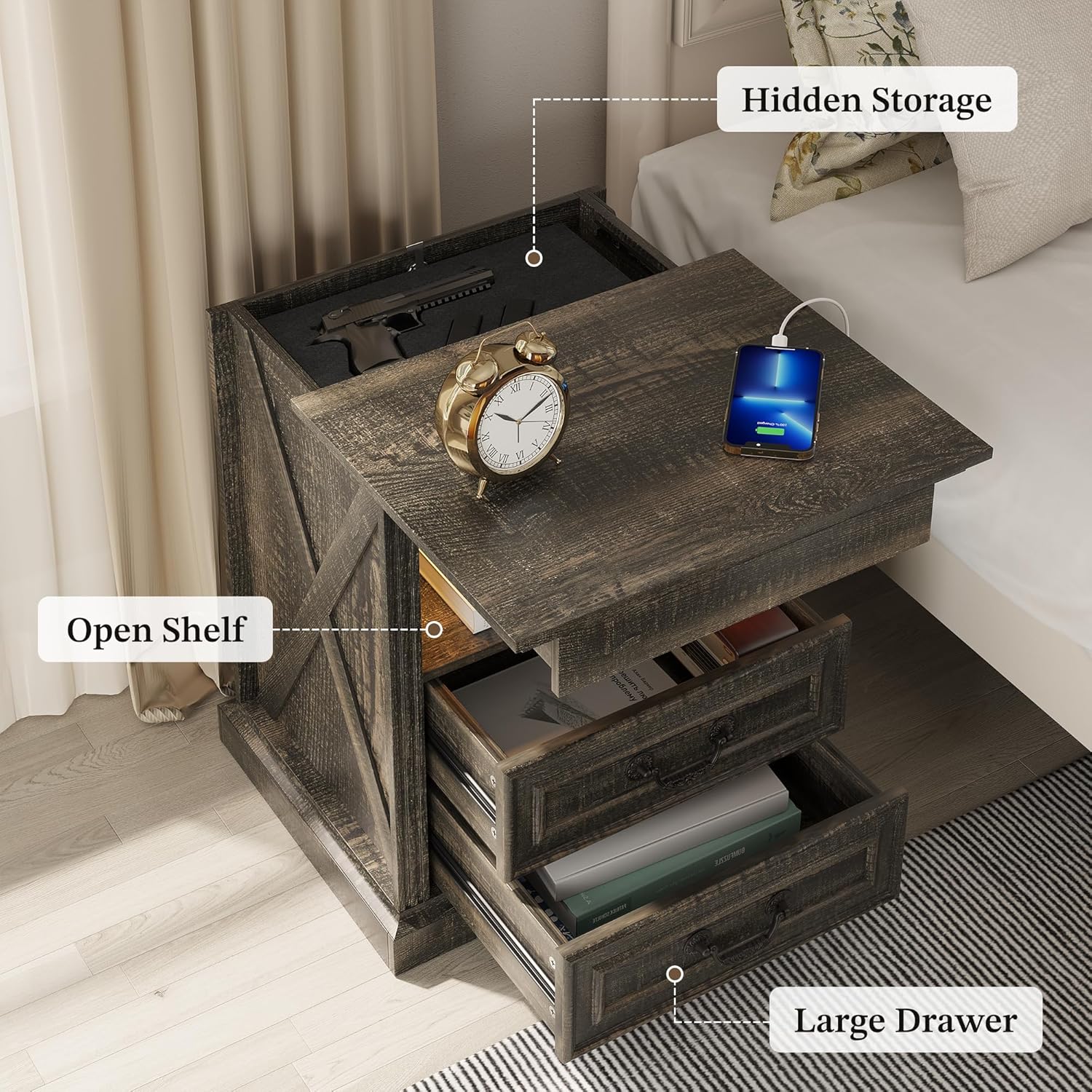Nightstand Set 2 with Gun Drawer, Farmhouse Night Stand with LED Lights and Human Sensor, Bedside Table with Open Shelf, End Table with Storage Drawers for Bedroom, Rustic Borwn
