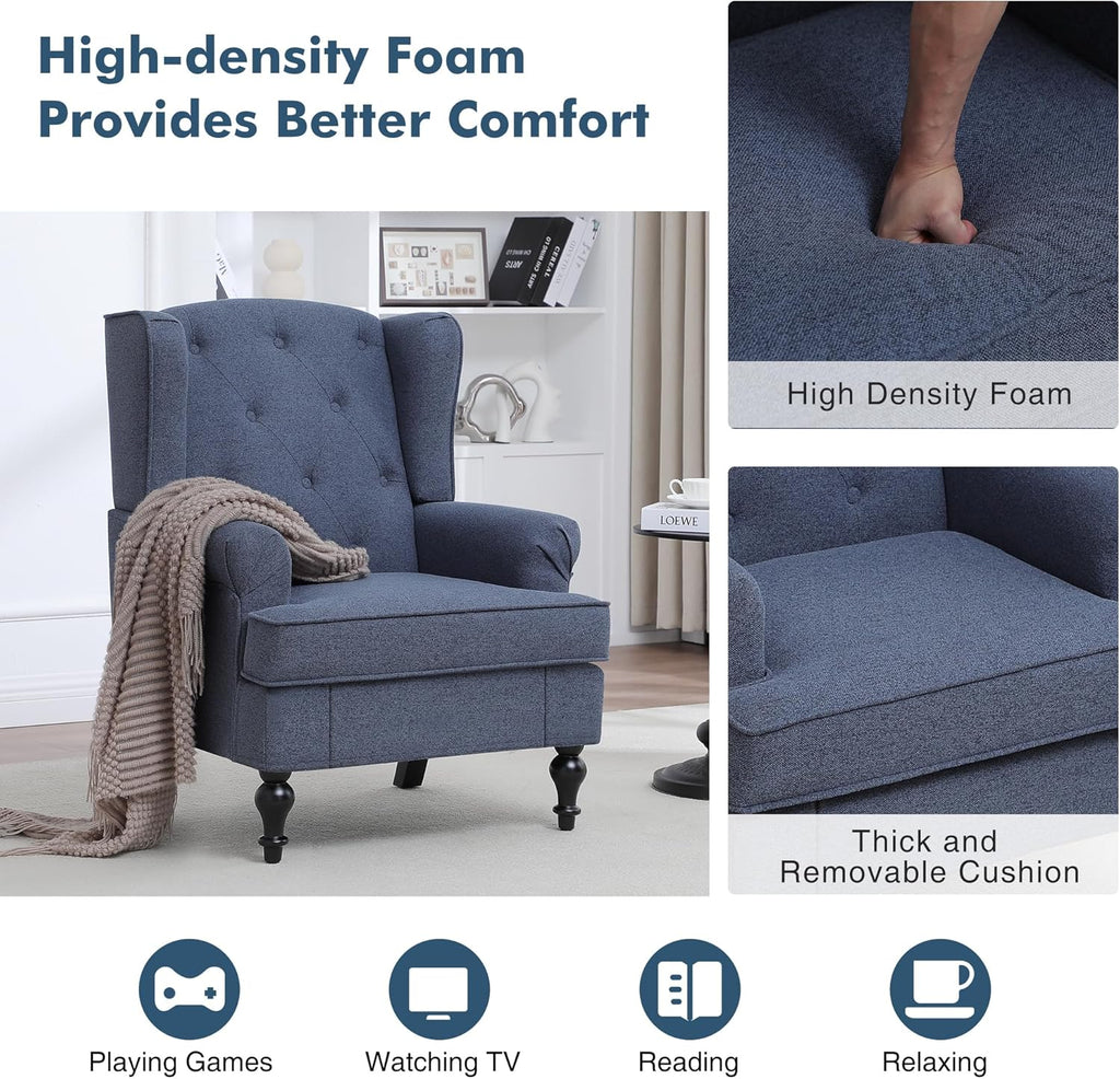 Accent Chair Set of 2, Mid Century Modern Fabric Wingback Chair, Upholstered Armchair with High Back and Vintage Legs, Comfy Single Sofa Side Reading Chair for Living Room Bedroom, Blue