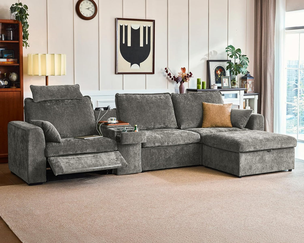 138.6'' Oversized Power Recliner Sofa with Headrest, Modular Cloud Sectional Couch with Convertible Table, Charging, Drawer, Cup Holder, 4-Seater with Storage Ottoman, Chenille, Grey