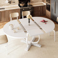 iPormis 59'' Extendable Round Dining Table for 4 to 6, Kitchen Table with Sturdy X-Base Metal Legs, MDF Board with Backboard Clasp, Space Saving, Easy Assembly, Kitchen, Dining Room, White