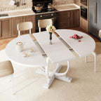 iPormis 59'' Extendable Round Dining Table for 4 to 6, Kitchen Table with Sturdy X-Base Metal Legs, MDF Board with Backboard Clasp, Space Saving, Easy Assembly, Kitchen, Dining Room, White