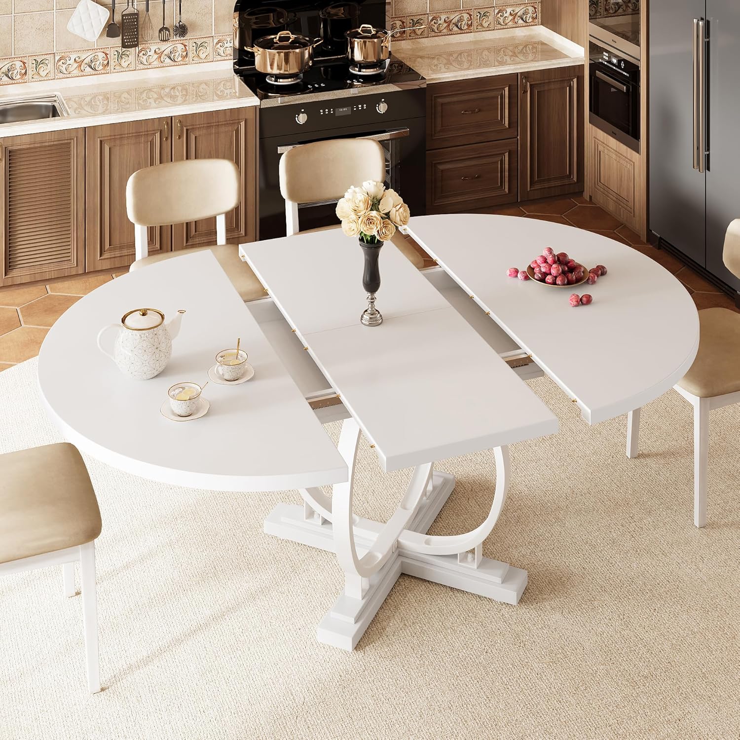 iPormis 59'' Extendable Round Dining Table for 4 to 6, Kitchen Table with Sturdy X-Base Metal Legs, MDF Board with Backboard Clasp, Space Saving, Easy Assembly, Kitchen, Dining Room, White