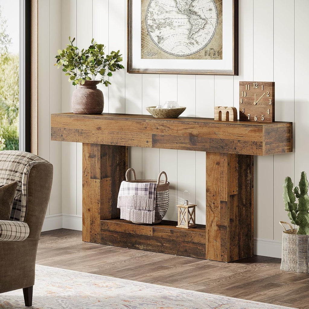 Tribesigns 63" Console Table, Farmhouse 2-Tier Entryway Table with U-Shaped Base, Narrow Long Wood Sofa Table Behind Couch Table for Living Room, Hallway, Foyer, Mix Brown