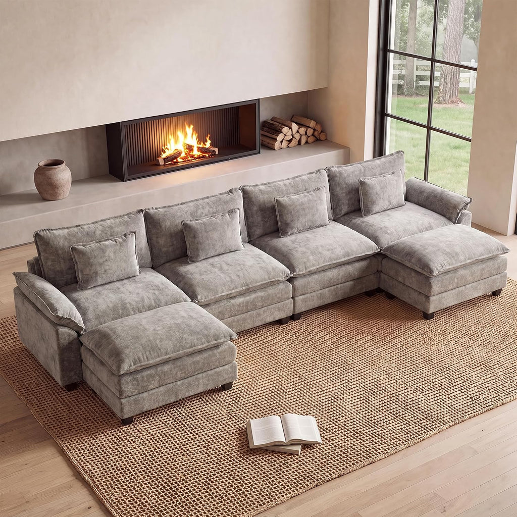 Oprisen 154" Modular Sectional Sofa, Comfy Deep Cloud Couch with Ottoman | U-Shaped Couches for Living Room, Modular Couch, Deep and Wide Seat, Chenille Sofa Sleeper with Throw Pillows, Light Grey