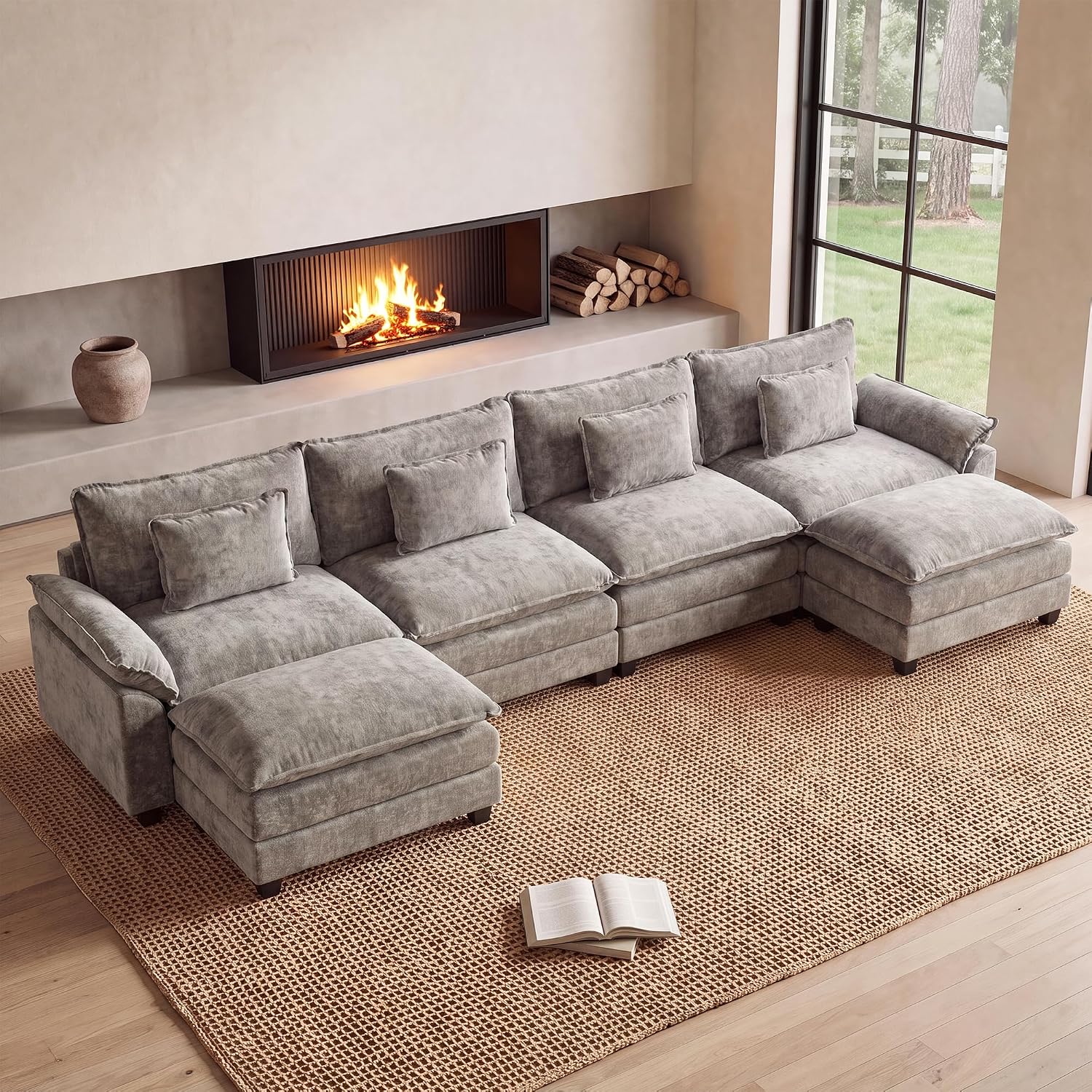Oprisen 154" Modular Sectional Sofa, Comfy Deep Cloud Couch with Ottoman | U-Shaped Couches for Living Room, Modular Couch, Deep and Wide Seat, Chenille Sofa Sleeper with Throw Pillows, Light Grey