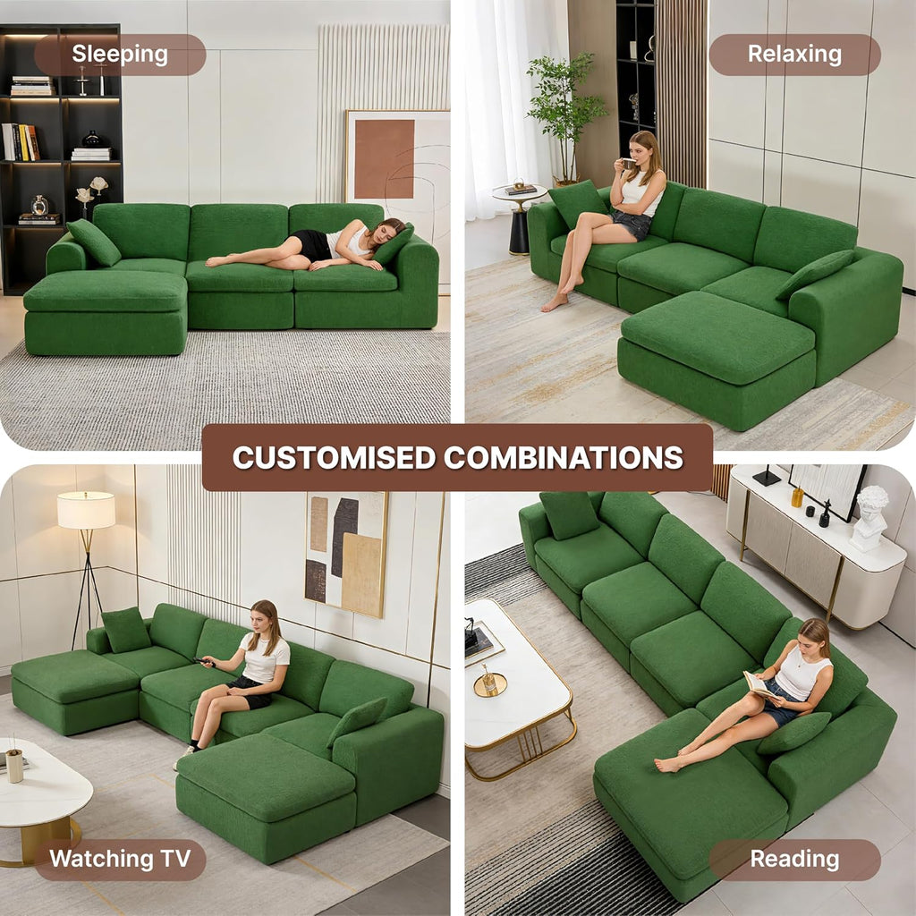KISLOT 108" Cloud Couch,Sectional No Assembly Required,Modular Sofa with Deep Seat for Living Room,L Shaped Couch with Ottoman Snowflake Fabric and Memory Sponge,Green