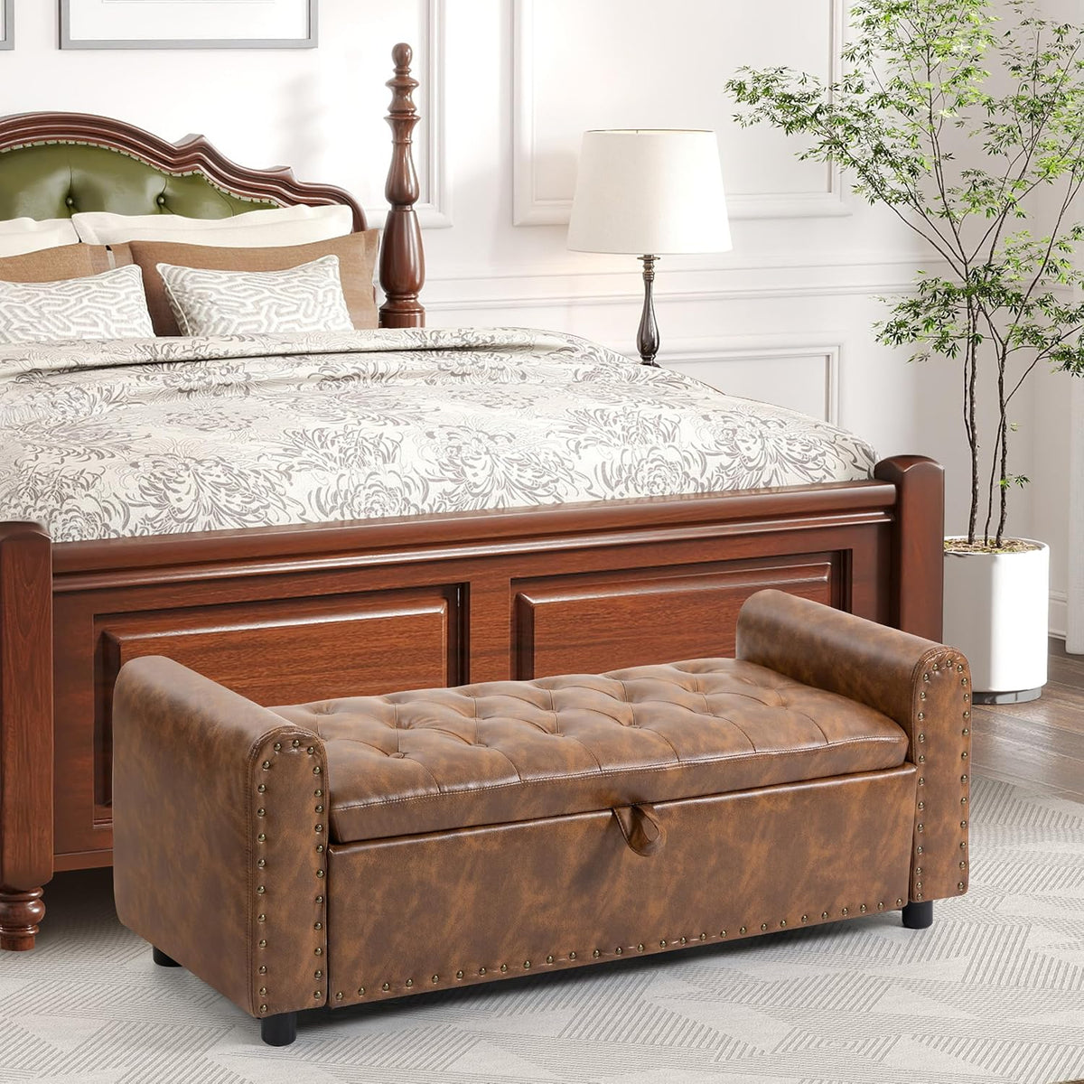 Ottoman with Storage, Tufted Storage Bench for Bedroom, 48" PU Leather End of Bed Bench, Upholstered Entryway Shoe Benches with Rolled Arm & Inner Zipper, Window Ottomans Chest with Rivets, Brown