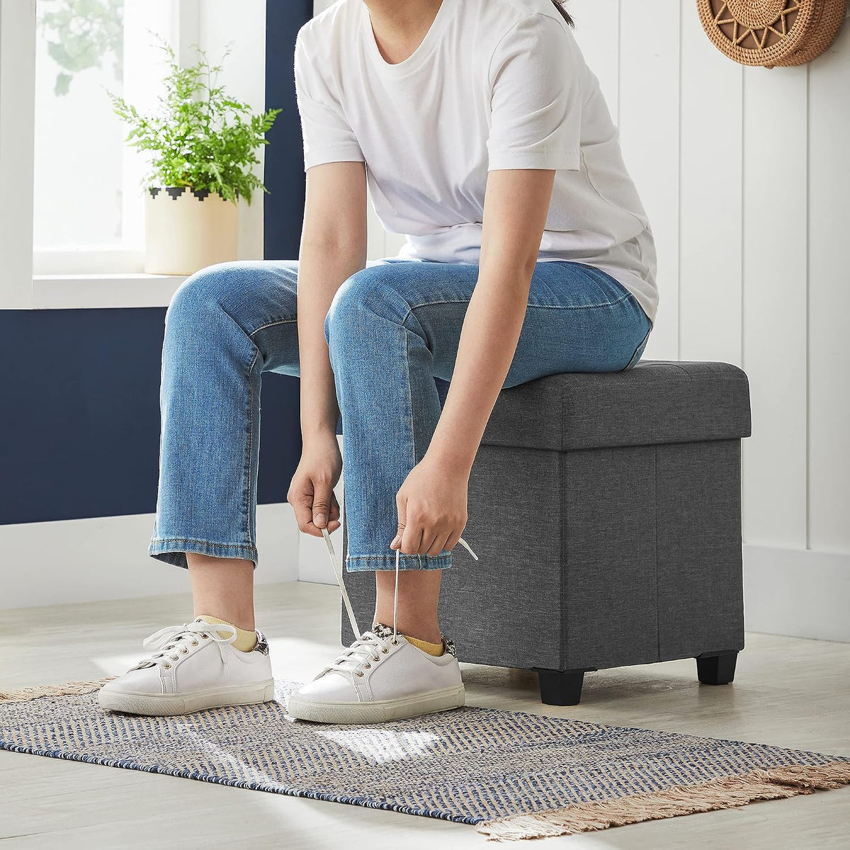 SONGMICS Storage Ottoman, Small Foot Rest, 15 x 15 x 15.7 Inches | Foot Stool with Legs, Load up to 661.4 lb, for Living Room, Bedroom, Dorm, Gray and Black, MELISA Collection ULSF014G01