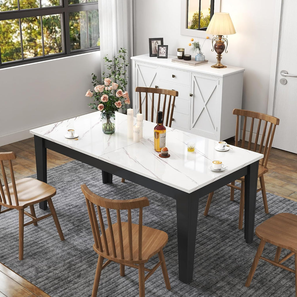 KEIKI 70.87”-106.3”L Extendable Dining Room Table for 6-10 People, Wood Modern Rustic Rectangle Expandable Kitchen Living Meeting Room Gatherings Furniture, 3 Tabletop Length Options, Marble White