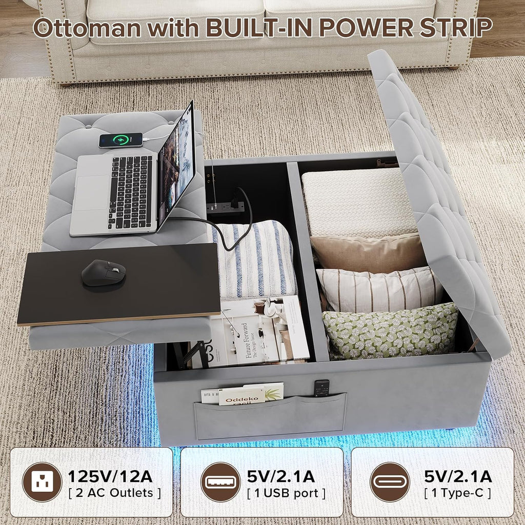 Dnxao Ottoman Coffee Table with Storage and Tray for Living Room, Gray | Tufted Velvet Large Square Ottoman with LED Lights and Charging Station, Multi-Functional Footrest with Storage Pockets