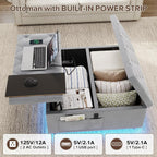 Dnxao Ottoman Coffee Table with Storage and Tray for Living Room, Gray | Tufted Velvet Large Square Ottoman with LED Lights and Charging Station, Multi-Functional Footrest with Storage Pockets