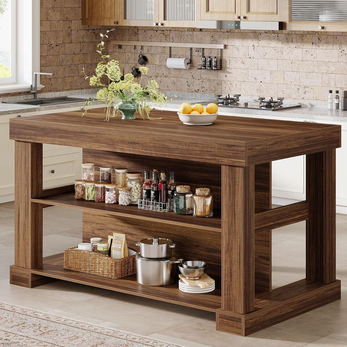 Tribesigns 55-Inch Dining Table for 6, Rectangular Counter Height Dining Table with Storage Shelves, High Top Kitchen Table with Large Tabletop and Stable Wooden Structure, Farmhouse Style, Dark Brown