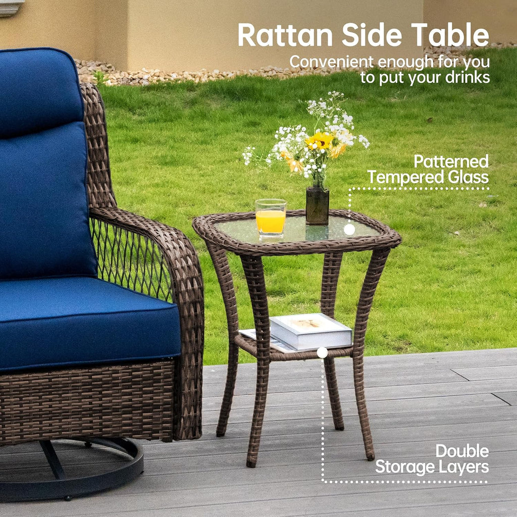 PIZZELLO Outdoor Swivel Rocker Chairs 3 Pieces Wicker Swivel Patio Chair with Rattan Side Table, 5" Extra Thick Cushions and 25" Full Support Back, Patio Furniture Set for Outside Porch Deck