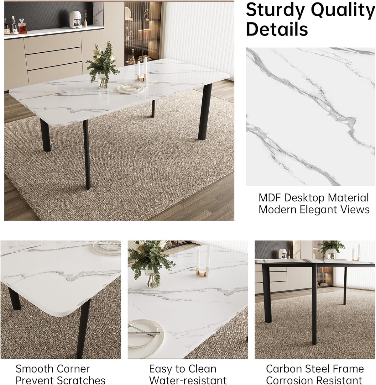HIPIHOM Extendable Dining Table Set for 6-8 People, 63 to 78.7 Inch MDF Kitchen Table with 8 Faux Leather Dining Chairs, Space-Saving for Dining Room, Breakfast Nook (White Table & 8 White Chairs)