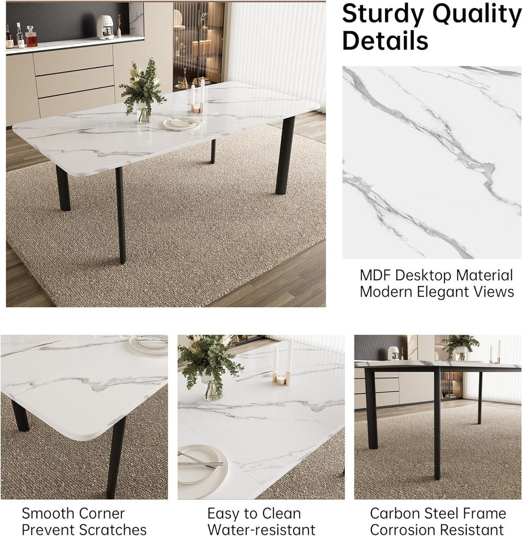 HIPIHOM Extendable Dining Table for 6-8 People, 63 to 78.7 Inch Rectangular Table, White MDF with Sturdy Metal Legs, Space-Saving for Dining Room, Kitchen, Small Spaces