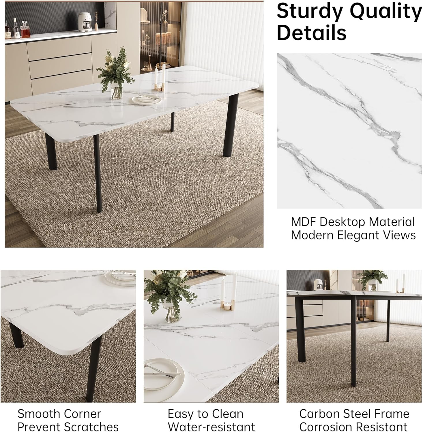 HIPIHOM Extendable Dining Table for 6-8 People, 63 to 78.7 Inch Rectangular Table, White MDF with Sturdy Metal Legs, Space-Saving for Dining Room, Kitchen, Small Spaces