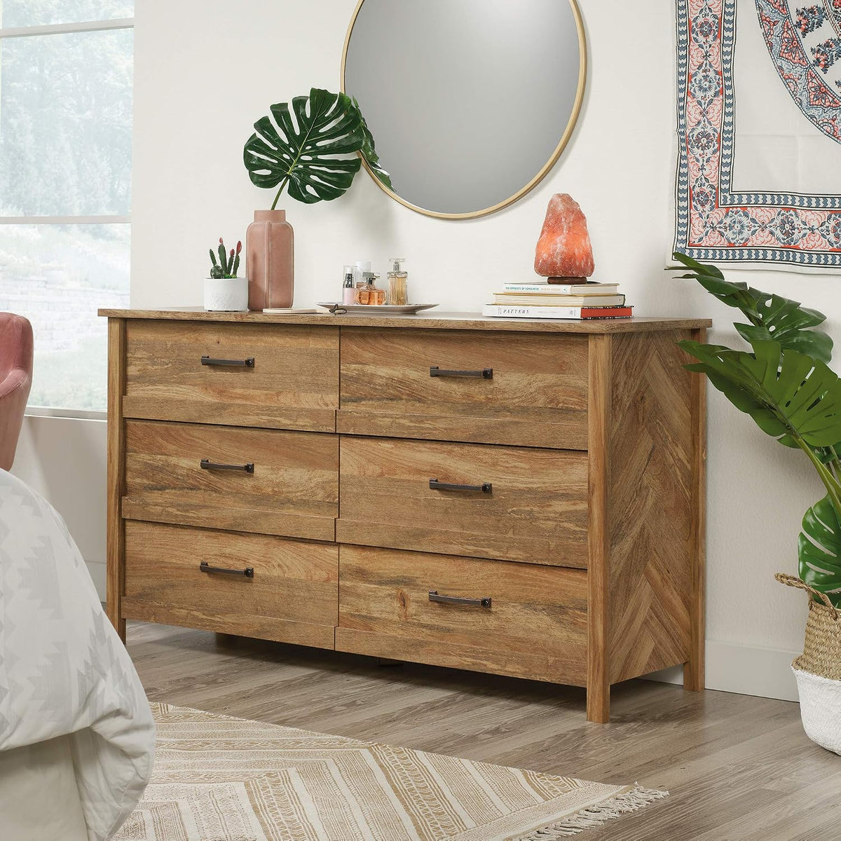 Sauder Cannery Bridge 32.36" W x 22.52" D x 59.80" H Armoire & Dresser in Sindoori Mango Finish with Garment Rod & 6 Drawers