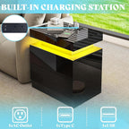 AMERLIFE High Gloss 3 Pieces Living Room Table Set, Modern LED Coffee Table Sets of 3, 2-Tier Center Table with 2 End Side Tables, LED Lights Bedside Table Nightstands with Charging Station, Black
