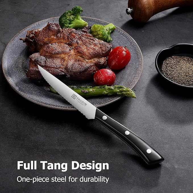 PAUDIN Steak Knives, Steak Knife Set of 8, Razor-Sharp Kitchen Knife Set 4.5 inch, High Carbon Stainless Steel Serrated Steak Knives Set for Kitchen, Full Tang ABS Handle
