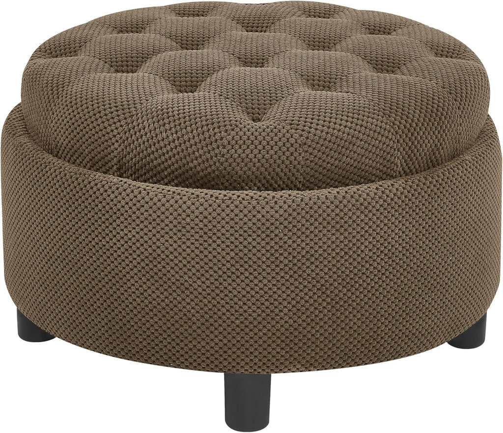 25'' Round Storage Ottoman with Reversible Tray Lid, Tufted Footrest Stool with Hidden Storage, Couch Side Table for Low Tea (Coffee)