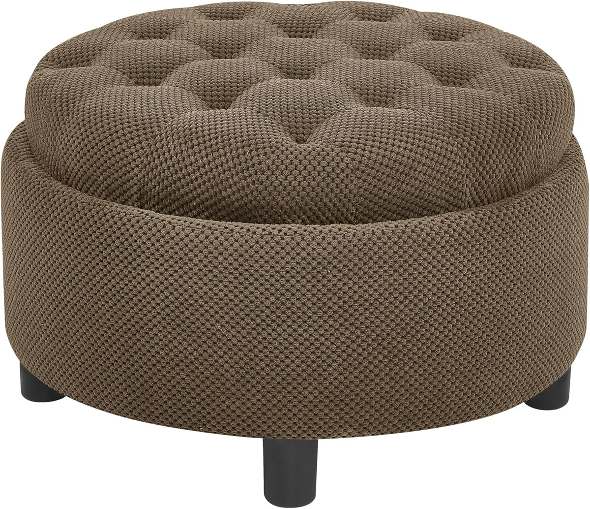 25'' Round Storage Ottoman with Reversible Tray Lid, Tufted Footrest Stool with Hidden Storage, Couch Side Table for Low Tea (Coffee)