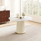 White Dining Table 43.30" Round Kitchen Table with Imitation Marble Grain Top & PU Leather Iron Pedestal,Modern Faux Marble Dinner Furniture for Kitchen Dining Room/Meeting Room