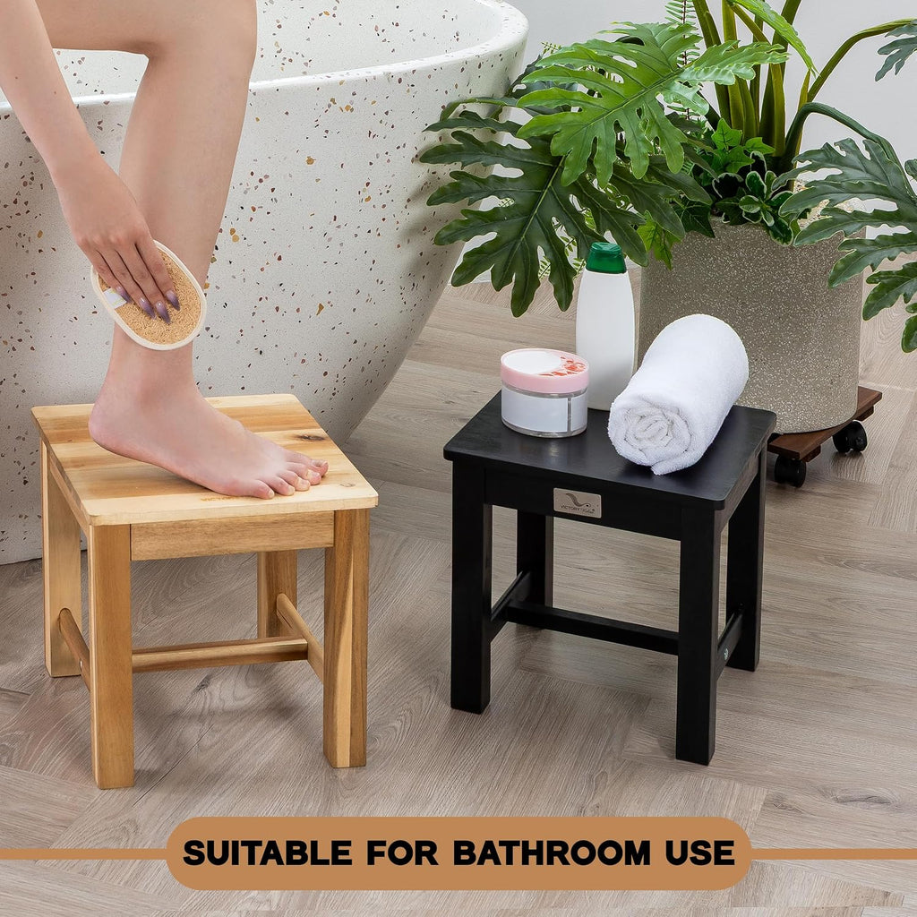 VICTORY RELAX 12 Inch Wooden Black Step Stool, Small Nature Beach Chair Under Desk, Indoor Acacia Wood Short Footstool for Living Room, Kitchen, Bathroom