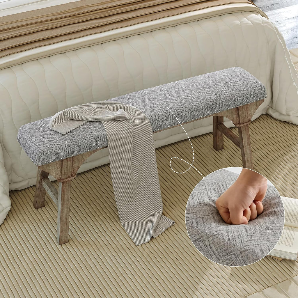 DIBRATY 44'' Upholstered Entryway Bench, Vintage Linen Texture End of Bed Bench with Solid Wood Legs, 300 LBS Weight Hallway Shoe Storage Benchs for Kitchen, Living Room, Gray
