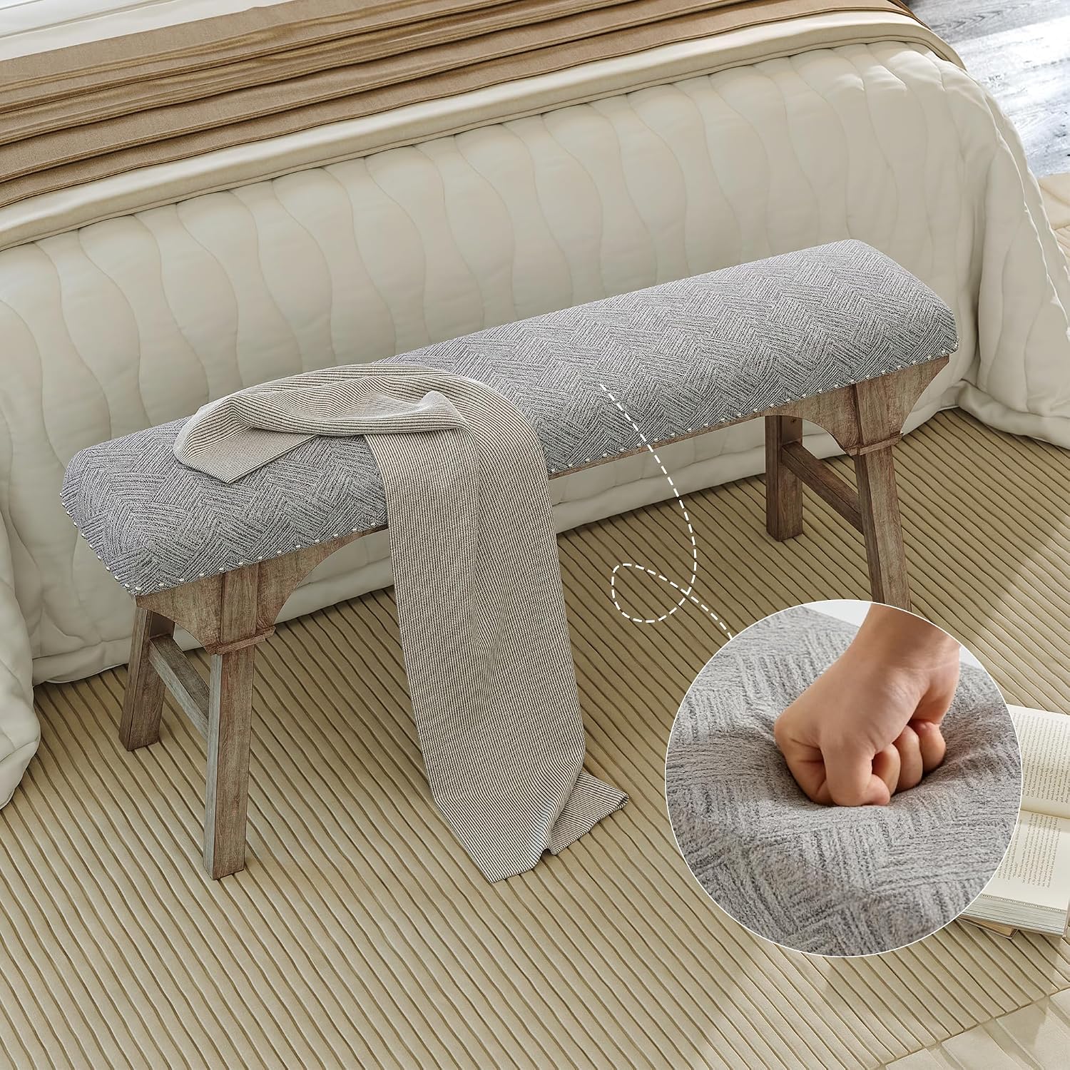 DIBRATY 44'' Upholstered Entryway Bench, Vintage Linen Texture End of Bed Bench with Solid Wood Legs, 300 LBS Weight Hallway Shoe Storage Benchs for Kitchen, Living Room, Gray