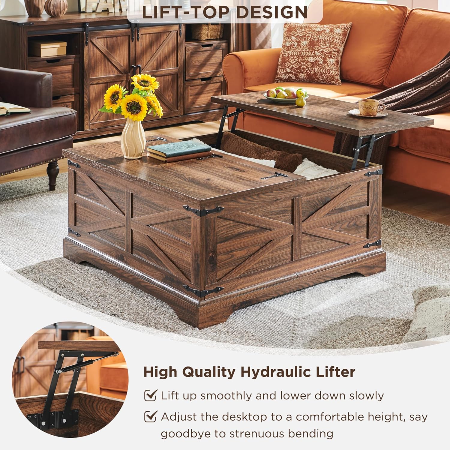JXQTLINGMU 3-Piece Farmhouse Coffee Table and End Table Sets, Includeds 36" Lift Top Square Coffee Table w/Storage & 2 Rustic Wood End Tables w/Charging Station & Barn Doors for Living Room, Brown
