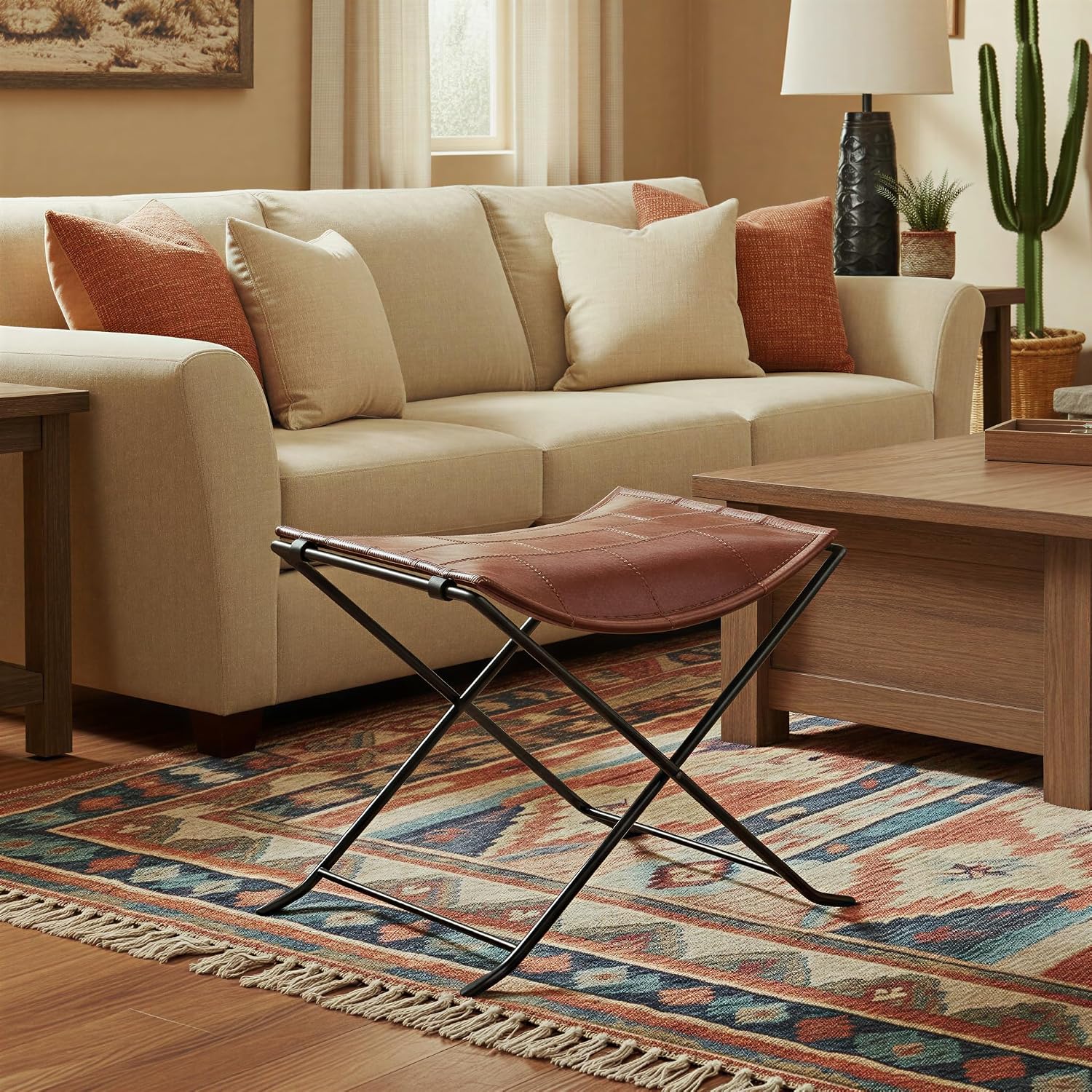 Creative Co-Op Collapsible Leather and Metal Stool, Russet Brown