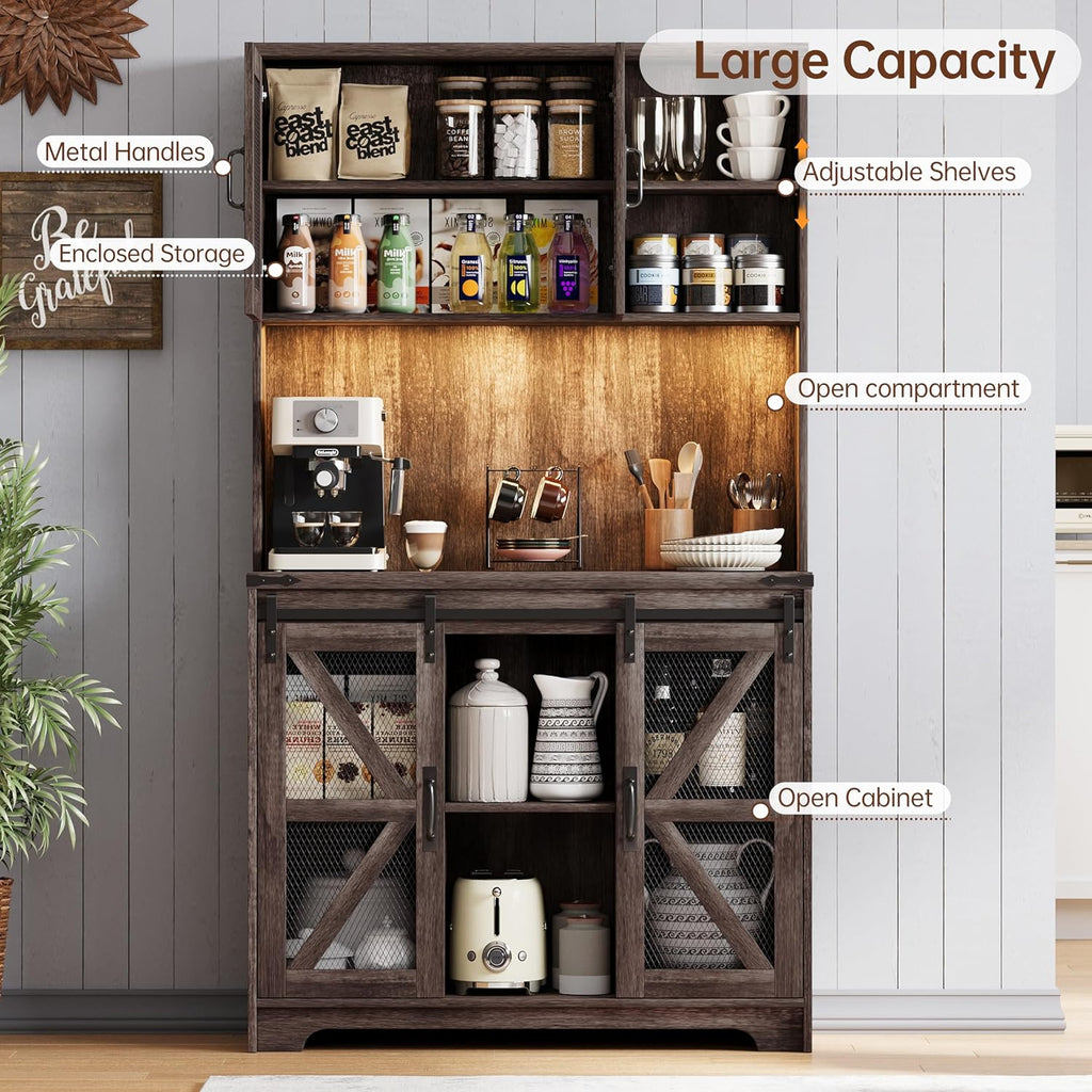 71" Farmhouse Pantry Storage Cabinet With LED Lights and Charging Station, Tall Kitchen Cupboard With Adjustable Shelves and Doors, Rustic Oak