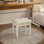 Solid Wood Vanity Bench Stool, Small Vintage Ottoman Foot Stool with Off-White Button Tufted PU Cushion Carved Footrest Rustic Stools for Bedroom Living Room,18.5 * 14.2 * 18.5in