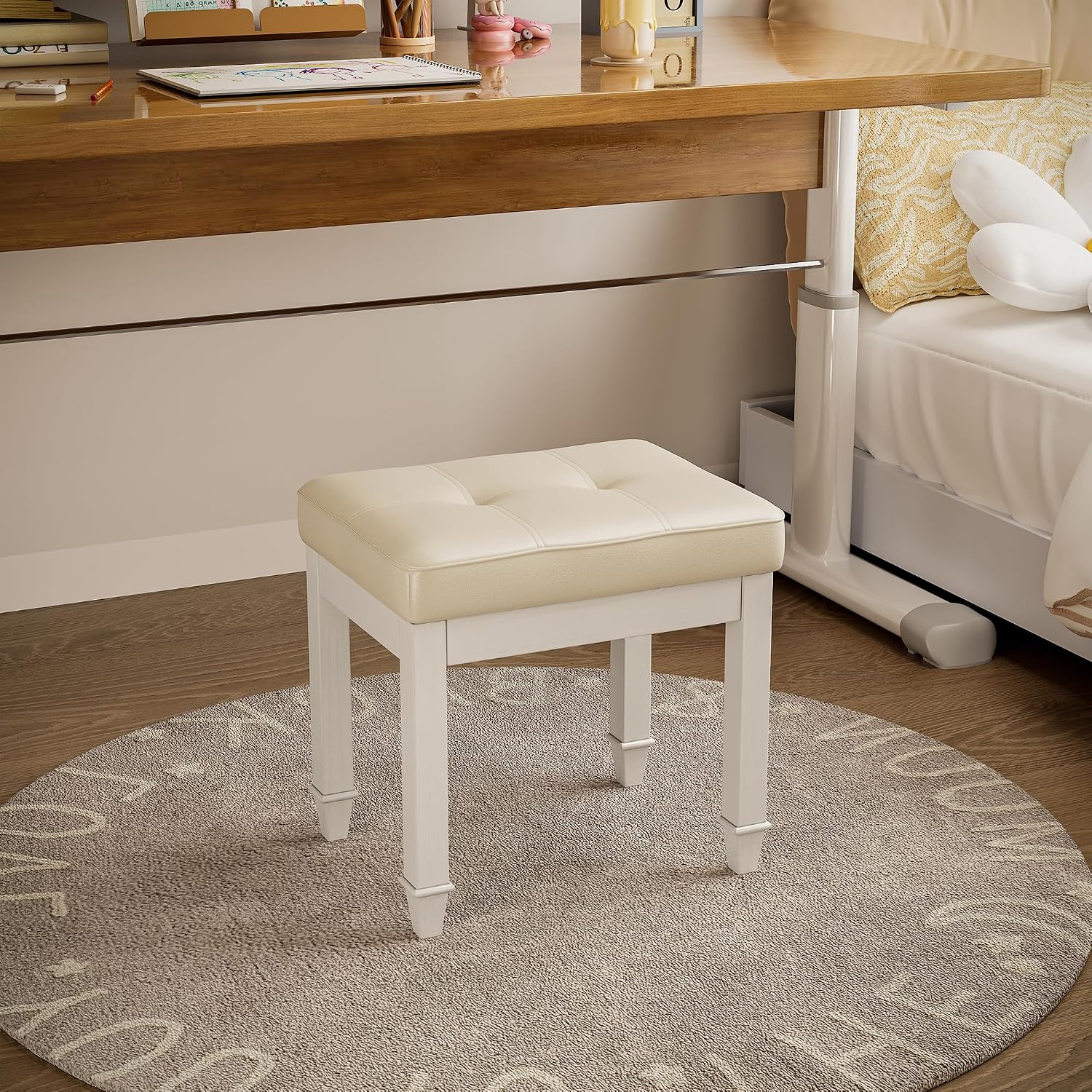 Solid Wood Vanity Bench Stool, Small Vintage Ottoman Foot Stool with Off-White Button Tufted PU Cushion Carved Footrest Rustic Stools for Bedroom Living Room,18.5 * 14.2 * 18.5in