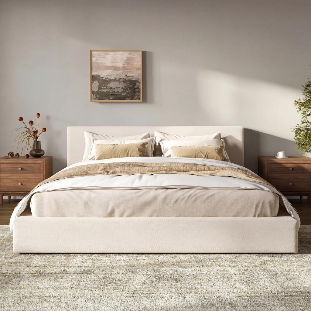 Merax King Size Bed Frame, 95" L x 88" W Upholstered Platform Bed with 8" Thick Linen Headboard & Footboard, Sturdy Wood Slat Support, No Box Spring Needed, Easy Assembly, Beige
