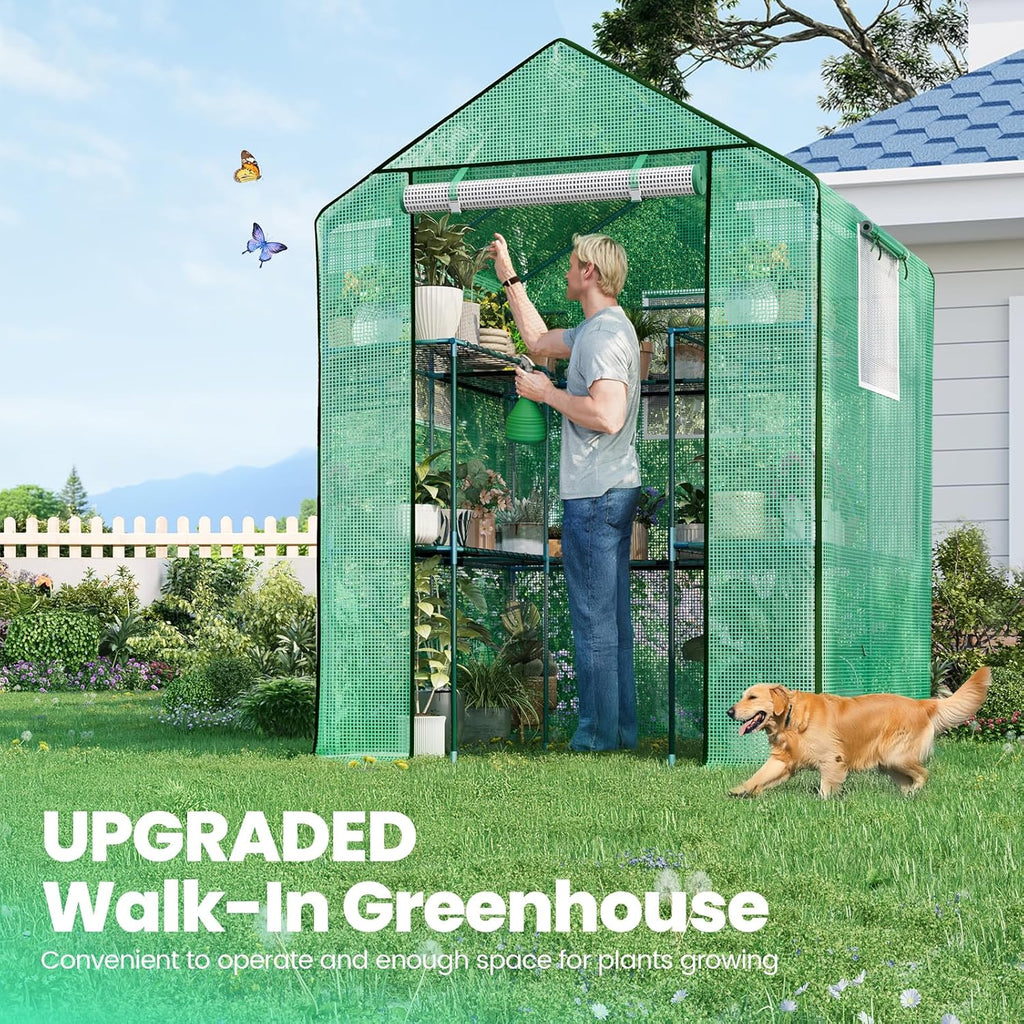 KING BIRD Premium Greenhouse for Outdoors, 56 x 56 x 77 Upgraded PE Cover & Steel Frame Walk in Hot House, w/ Zippered Screen Windows Mesh Door, 3 Tiers 14 Shelves for Outside Garden, Green