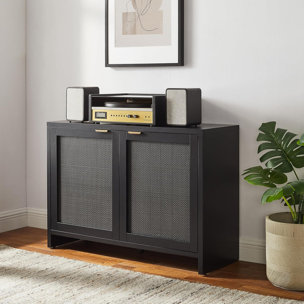 Crosley Furniture Kenji Media Console, Record Player Stand with Vinyl Storage, Modern Home Organizer, Black