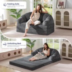 MAXYOYO Folding Sofa Bed with Backrest, Fold Out Couch with Handle | 2 in 1 Convertible Bean Bag Chair to Floor Sofa Lounger, Comfy Folding Couch for Bedroom & Living Room, Dark Grey, Loveseat